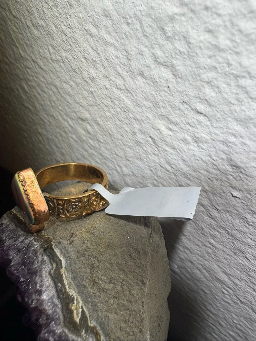 Spade-Shape Aurora  Stone Adjustable Copper Ring